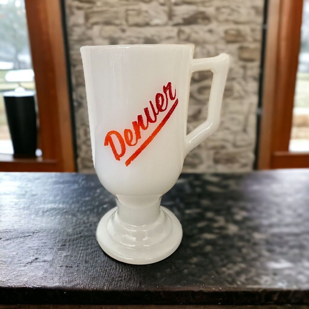 Vintage Milk Glass Footed Mug Denver Irish Coffee‎ Broncos
